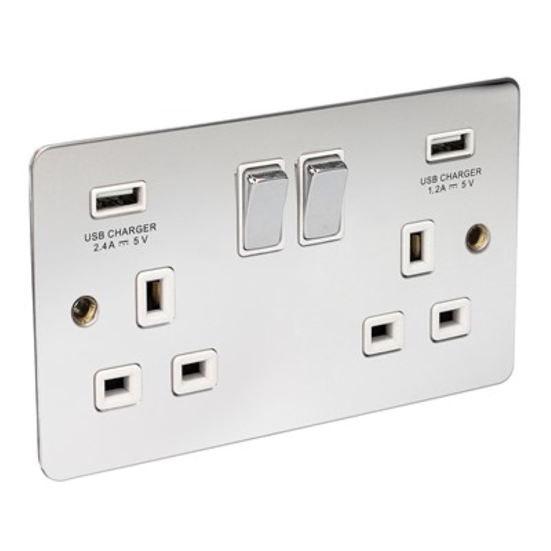 Flat Plate 13Amp 2 Gang Switched Socket Single Pole *Chrome/Whit - Click Image to Close